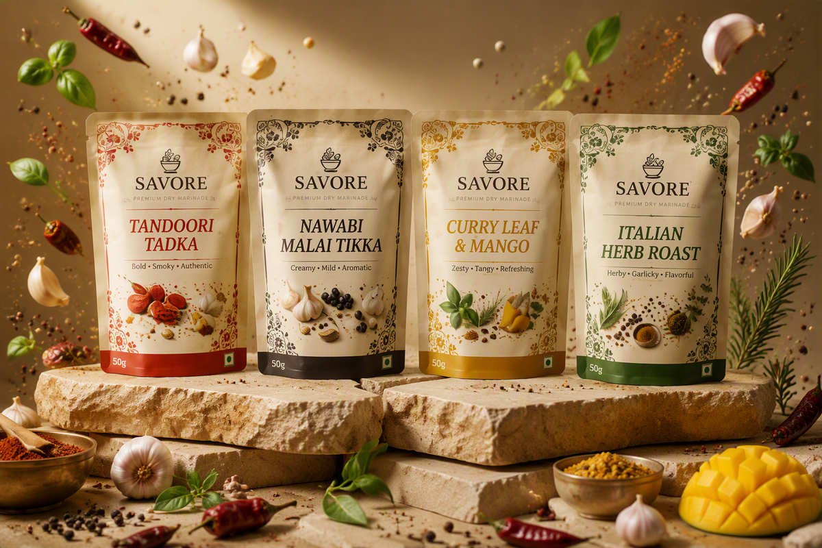 Savore spice blend packaging and prepared food